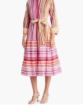 Striped Tie-Waist Midi Dress in Pink and Orange Tones